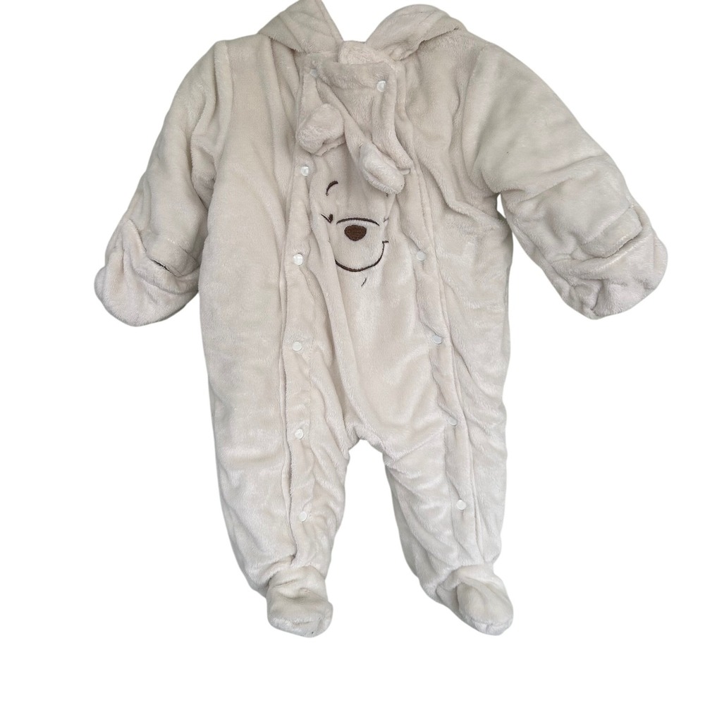 Disney Baby Winnie the Pooh Cream Plush Snowsuit Bunting 0-3M Hooded Feet